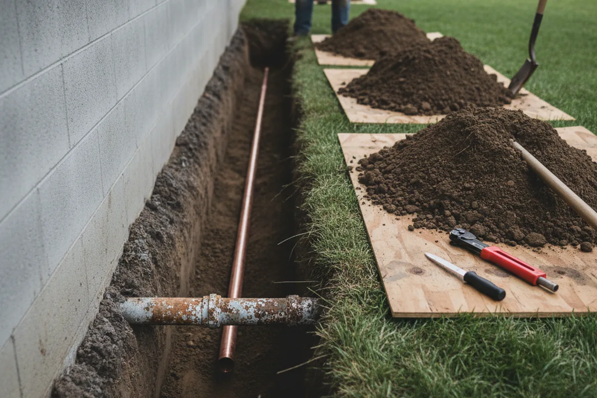 Excavated water line trench during Water Softener Installation in Palo